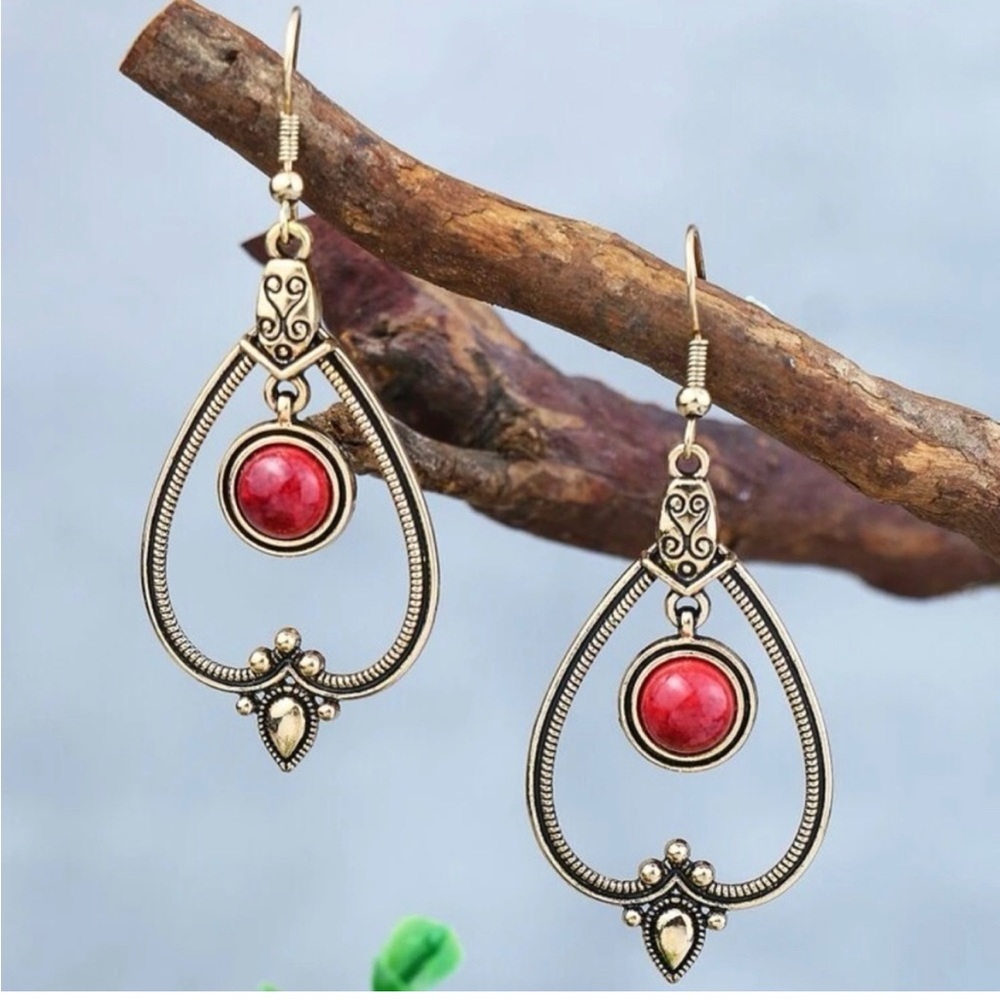 Gold Tone Earrings with Red Stone